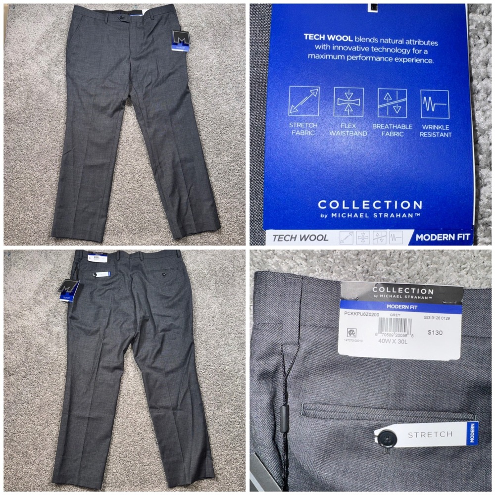 Collection by Michael Strahan Dress Pants Mens Tech Wool Stretch Grey 40x30 NEW